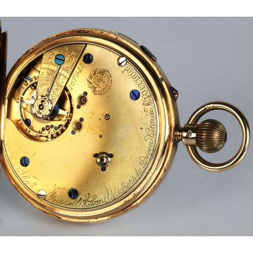 142 - 18ct gold gents open face repeating pocket watch by Thomas Russell & Son, 12 Church Street, Live... 