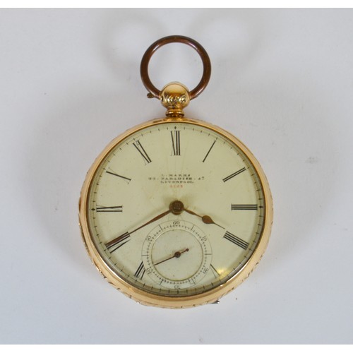 234 - Victorian 18ct gold key wind open face pocket watch with cream dial and Roman numerals, named to L M... 