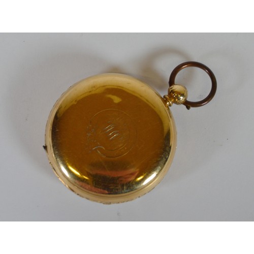 234 - Victorian 18ct gold key wind open face pocket watch with cream dial and Roman numerals, named to L M... 