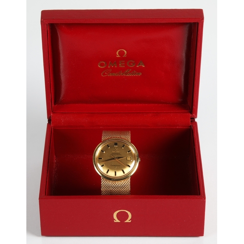 133 - 18ct gold gents Omega automatic constellation wristwatch, gold coloured dial with hour marker batons... 
