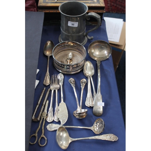 Metalware to include a pewter tankard, a plated coaster, spoons, ladles ...
