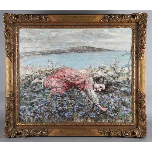 233 - Edward Atkinson Hornel (1864-1933)'Girl and Bluebells, Brighouse Bay'Gilt framed oil on canvas, sign... 