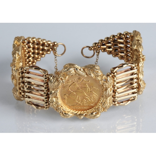 78 - 9ct gold sovereign bracelet, mounted with three gold sovereigns, 1911, 1912, 1913, gross weight 70.3... 