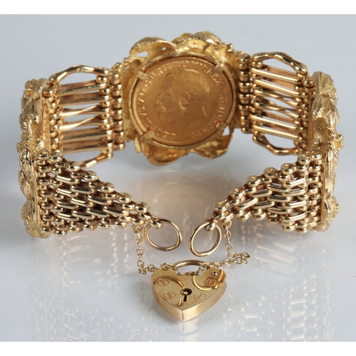 78 - 9ct gold sovereign bracelet, mounted with three gold sovereigns, 1911, 1912, 1913, gross weight 70.3... 