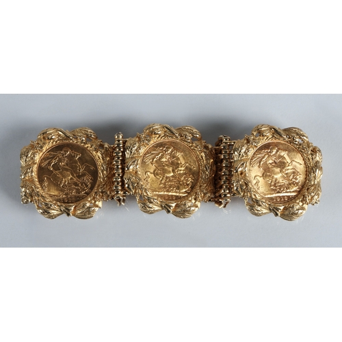 78 - 9ct gold sovereign bracelet, mounted with three gold sovereigns, 1911, 1912, 1913, gross weight 70.3... 