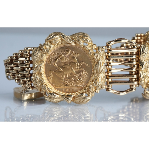 78 - 9ct gold sovereign bracelet, mounted with three gold sovereigns, 1911, 1912, 1913, gross weight 70.3... 