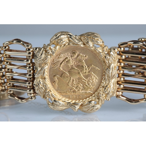 78 - 9ct gold sovereign bracelet, mounted with three gold sovereigns, 1911, 1912, 1913, gross weight 70.3... 