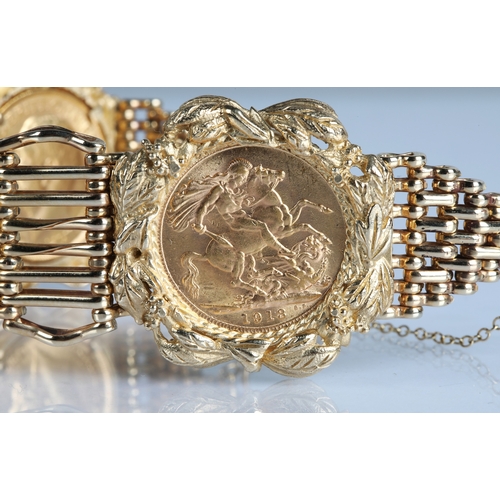 78 - 9ct gold sovereign bracelet, mounted with three gold sovereigns, 1911, 1912, 1913, gross weight 70.3... 