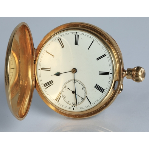 141 - 18ct gold full hunter pocket watch, white enamel dial with Roman numerals and subsidiary seconds dia... 