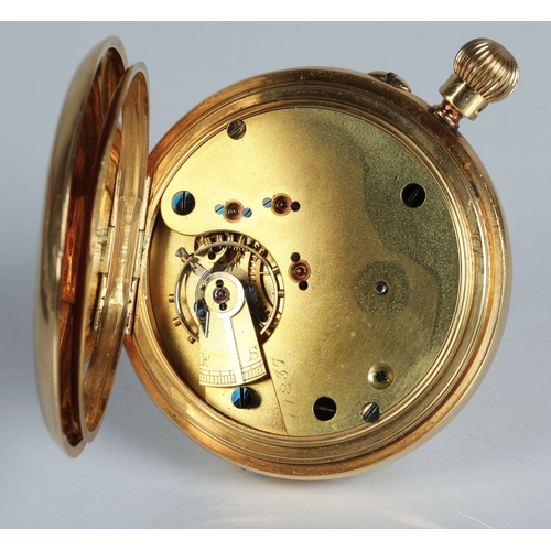 141 - 18ct gold full hunter pocket watch, white enamel dial with Roman numerals and subsidiary seconds dia... 