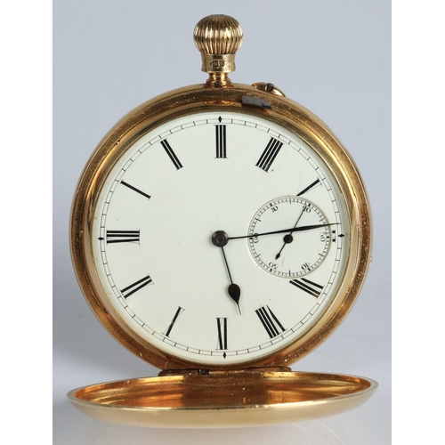 141 - 18ct gold full hunter pocket watch, white enamel dial with Roman numerals and subsidiary seconds dia... 