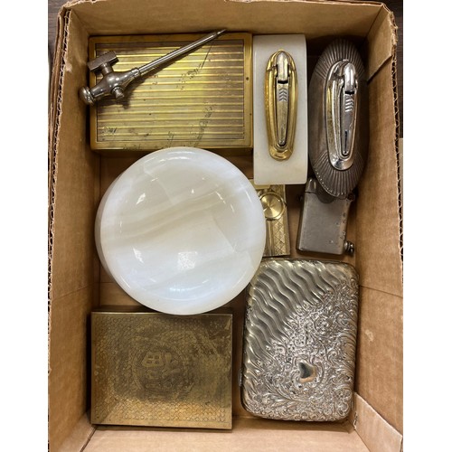 Vintage table lighters, onyx lighter set, cigarette case, , Chinese trinket  box etc