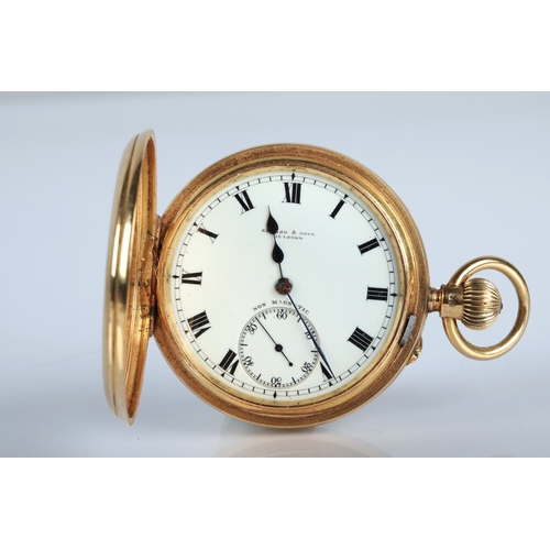76 - Gents 18ct gold half hunter pocket watch, white enamel dial with Roman numerals and subsidiary dial,... 