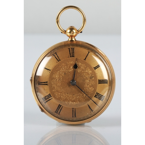 96 - Gents 18ct gold open-face pocket watch with engraved foliate dial and roman numeral hour markers, di... 