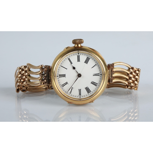 99 - 18ct yellow gold wristwatch white enamelled dial (cracked) with roman numerals, , gross weight 45g.