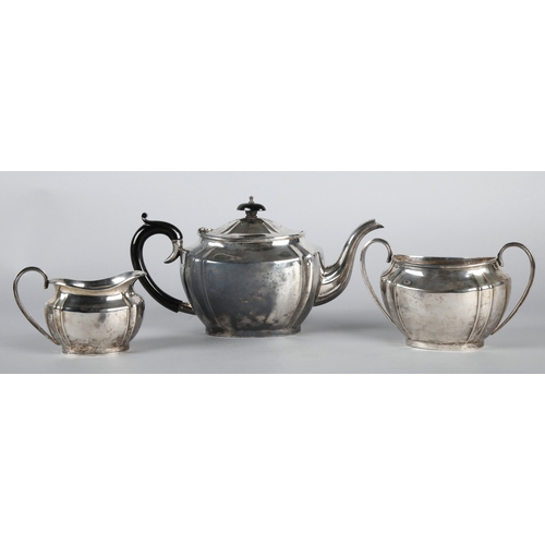 242 - Silver three piece tea service comprising of a teapot, cream jug, and sugar bowl, William Adams Ltd,... 