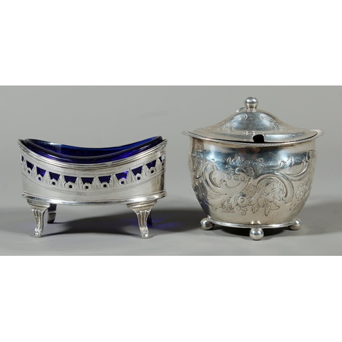 83 - Georgian silver table salt of navette shape having pierced border and raised on four fluted scroll s... 