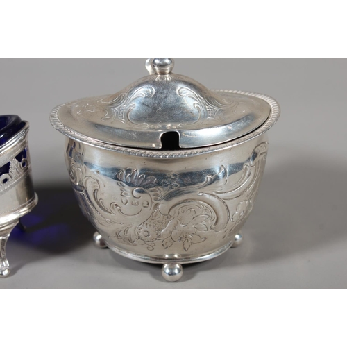83 - Georgian silver table salt of navette shape having pierced border and raised on four fluted scroll s... 