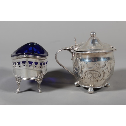 83 - Georgian silver table salt of navette shape having pierced border and raised on four fluted scroll s... 