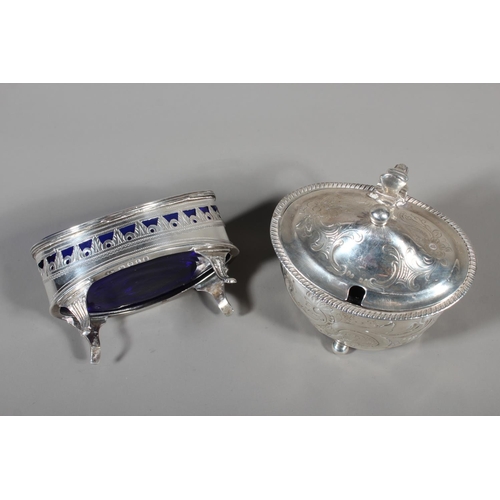 83 - Georgian silver table salt of navette shape having pierced border and raised on four fluted scroll s... 