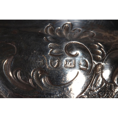 83 - Georgian silver table salt of navette shape having pierced border and raised on four fluted scroll s... 