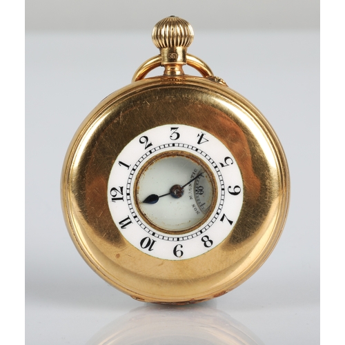 76 - Gents 18ct gold half hunter pocket watch, white enamel dial with Roman numerals and subsidiary dial,... 