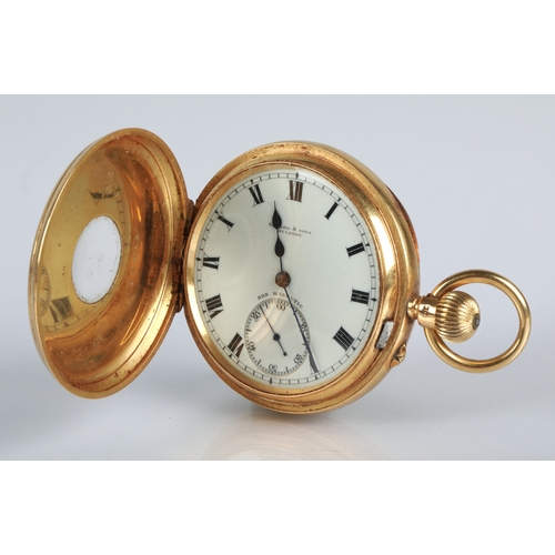 76 - Gents 18ct gold half hunter pocket watch, white enamel dial with Roman numerals and subsidiary dial,... 
