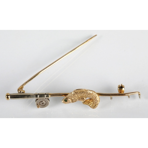 9ct gold brooch in the form of a fishing rod and salmon, 6cm long ...