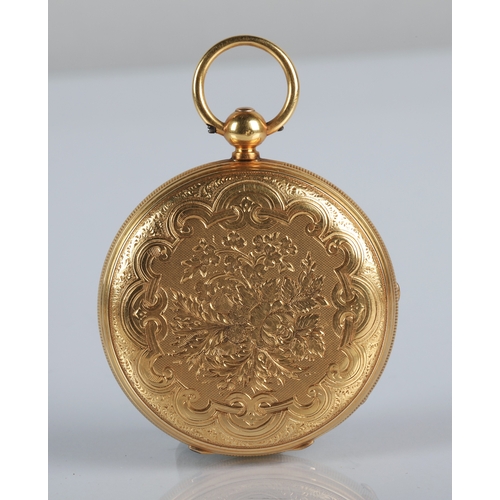 96 - Gents 18ct gold open-face pocket watch with engraved foliate dial and roman numeral hour markers, di... 