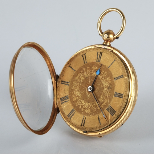 96 - Gents 18ct gold open-face pocket watch with engraved foliate dial and roman numeral hour markers, di... 