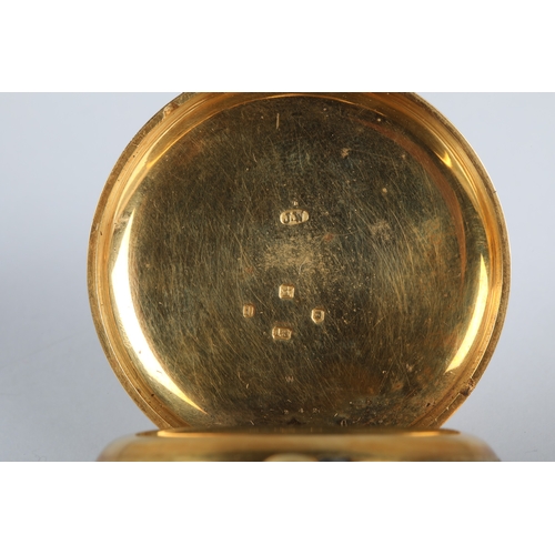 96 - Gents 18ct gold open-face pocket watch with engraved foliate dial and roman numeral hour markers, di... 