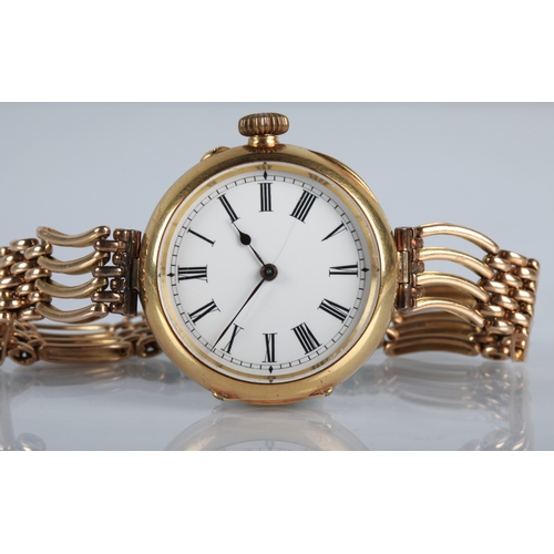 99 - 18ct yellow gold wristwatch white enamelled dial (cracked) with roman numerals, , gross weight 45g.