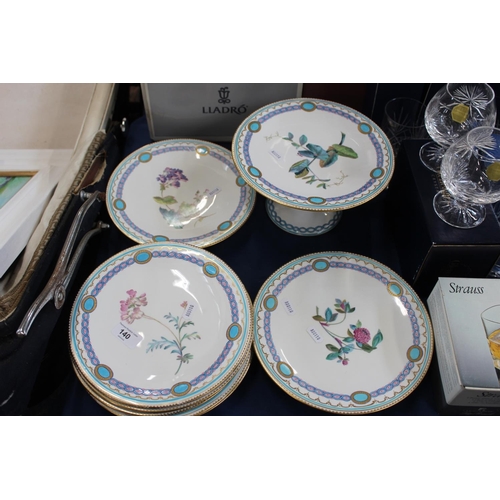 140 - Copeland dessert set with six plates, two side and tazza, all hand-painted with individual botanical... 