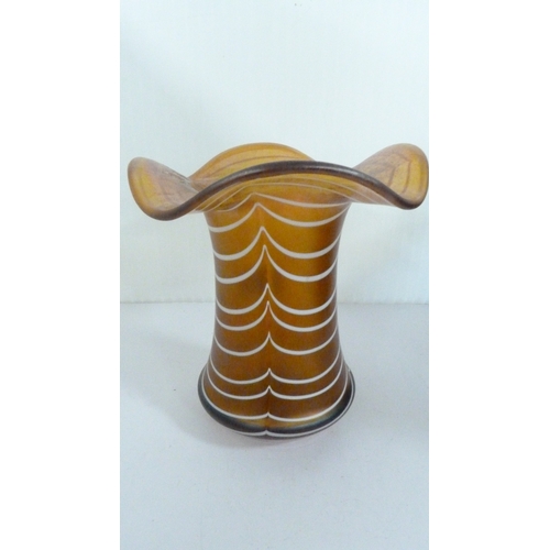 299 - Art Nouveau Poschinger amber-coloured iridescent glass vase decorated with white swirls.