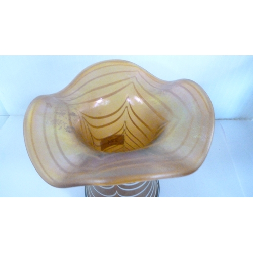 299 - Art Nouveau Poschinger amber-coloured iridescent glass vase decorated with white swirls.