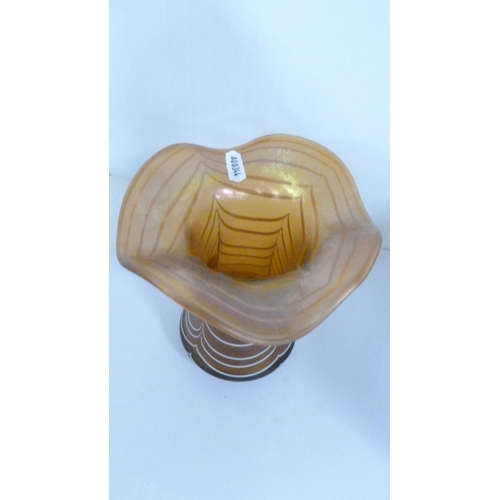 299 - Art Nouveau Poschinger amber-coloured iridescent glass vase decorated with white swirls.