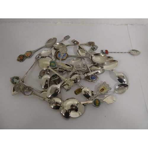314 - Collection of silver plated souvenir spoons, and two silver souvenir spoons, with various surmounts.
