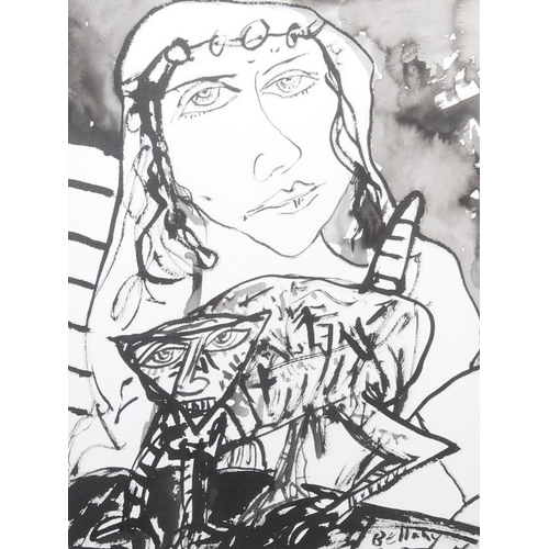 315 - JOHN BELLANY CBE RA HRSA LLD (Scottish 1942-2013) *ARR* Woman with cat Ink and watercolour painting,... 