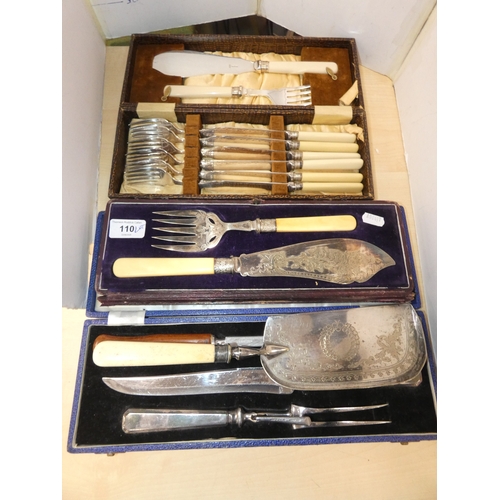 110 - Pair of cased antique EP and bone handled fish servers, another cased fish service, carving set and ... 