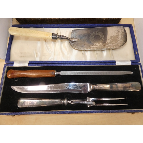 110 - Pair of cased antique EP and bone handled fish servers, another cased fish service, carving set and ... 