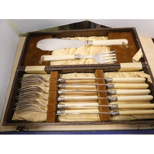 110 - Pair of cased antique EP and bone handled fish servers, another cased fish service, carving set and ... 