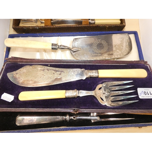 110 - Pair of cased antique EP and bone handled fish servers, another cased fish service, carving set and ... 