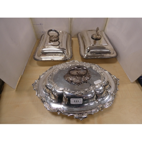 111 - Victorian style EP entree dish with cover and a pair of later silver plated entree dishes with cover... 