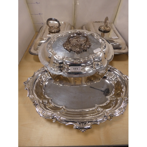 111 - Victorian style EP entree dish with cover and a pair of later silver plated entree dishes with cover... 