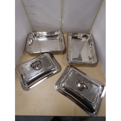 111 - Victorian style EP entree dish with cover and a pair of later silver plated entree dishes with cover... 