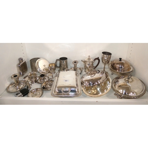 291 - Shelve lot of EP and silver plated wares to include coffee pot, muffin dish with cover, entree dishe... 