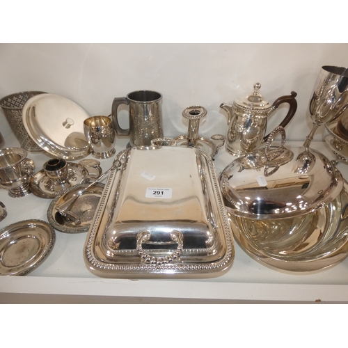 291 - Shelve lot of EP and silver plated wares to include coffee pot, muffin dish with cover, entree dishe... 