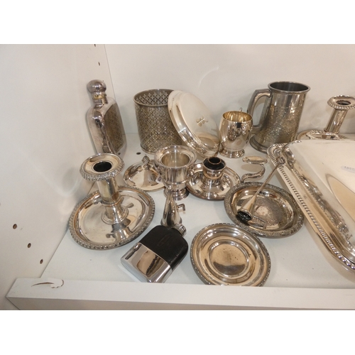 291 - Shelve lot of EP and silver plated wares to include coffee pot, muffin dish with cover, entree dishe... 