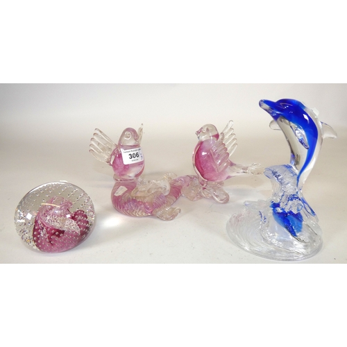 306 - Murano glass bird sculpture, with pink inclusions, with similar Italian glass paperweight, and art g... 