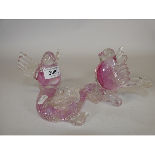 306 - Murano glass bird sculpture, with pink inclusions, with similar Italian glass paperweight, and art g... 